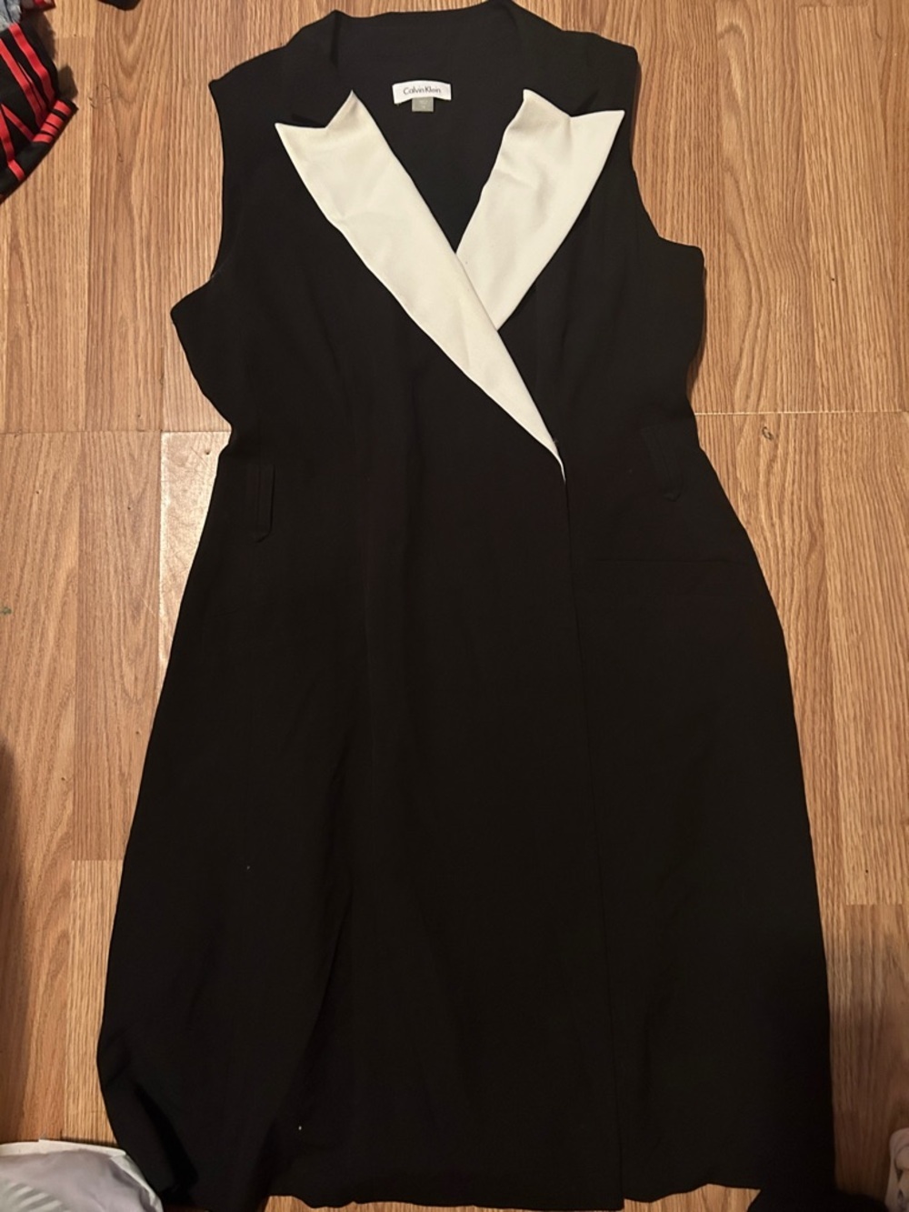 Calvin Klein Black Midi Dress with White Notch Lapel